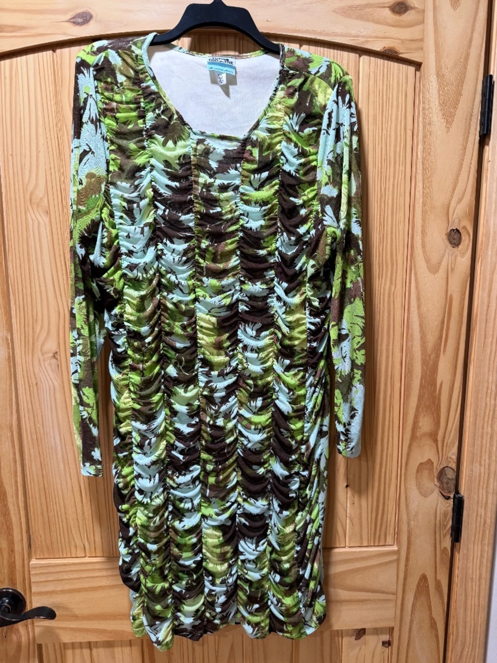 Future collective Tropical ruched mesh lined long sleeve dress